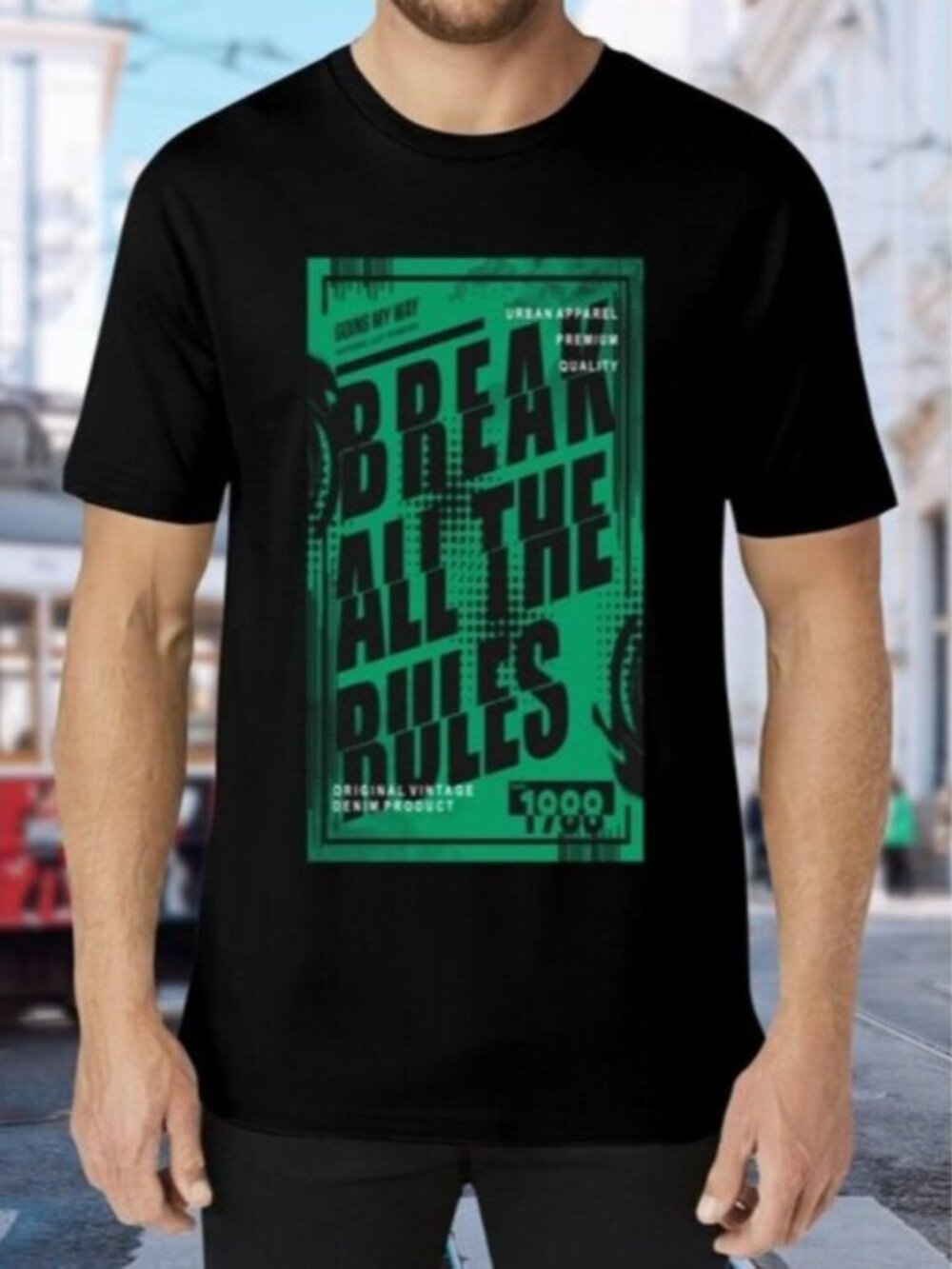 Black T-Shirt with Green Graphic Print